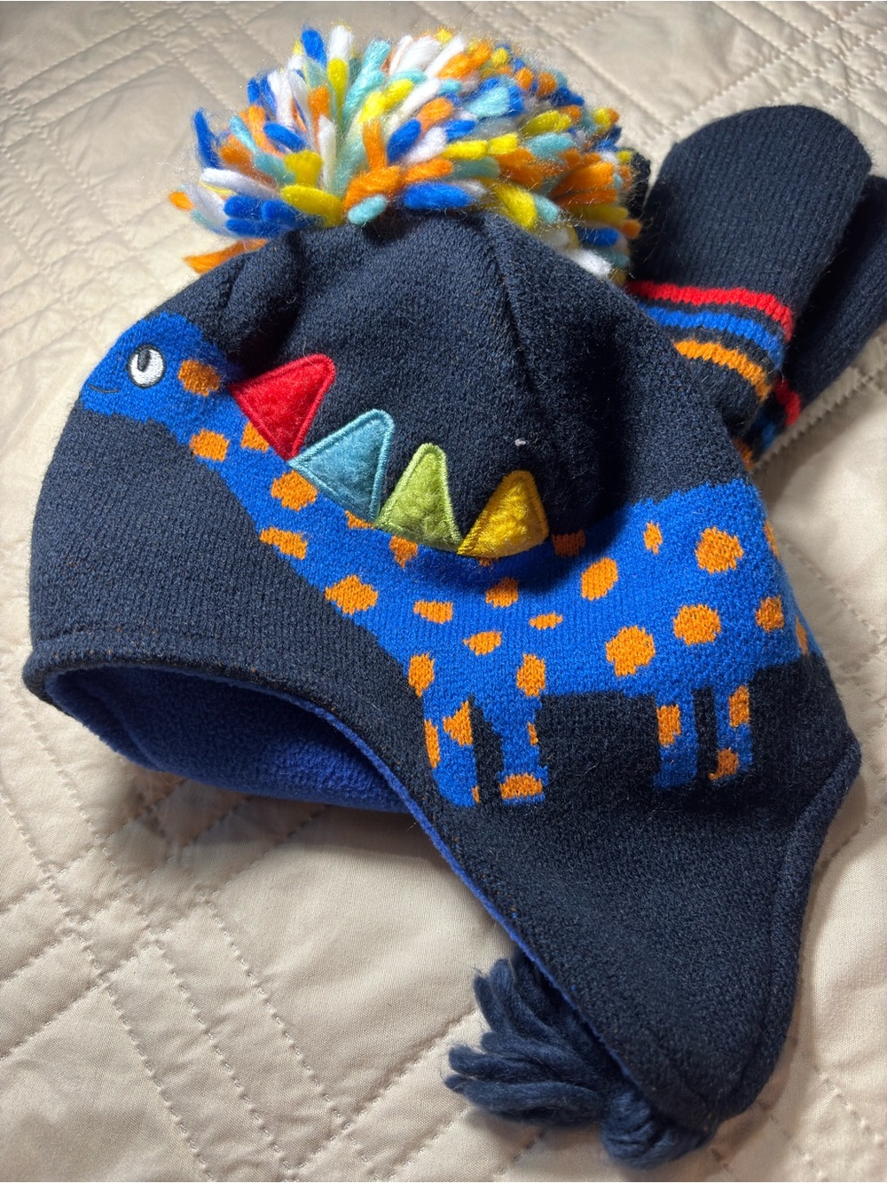 Children's Place 12-24M Navy Dino Pom-Pom Earflap Hat & Mitten Set